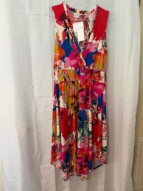 Cupio Red Pink Blue Floral V-Neck Midi Dress
